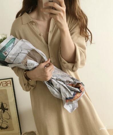 Women Autumn Turn Down Collar Long Sleeve Sweater Dress Ladies Straight Knitted Pullover Solid  Dresses with Buttons loose - LiveTrendsX