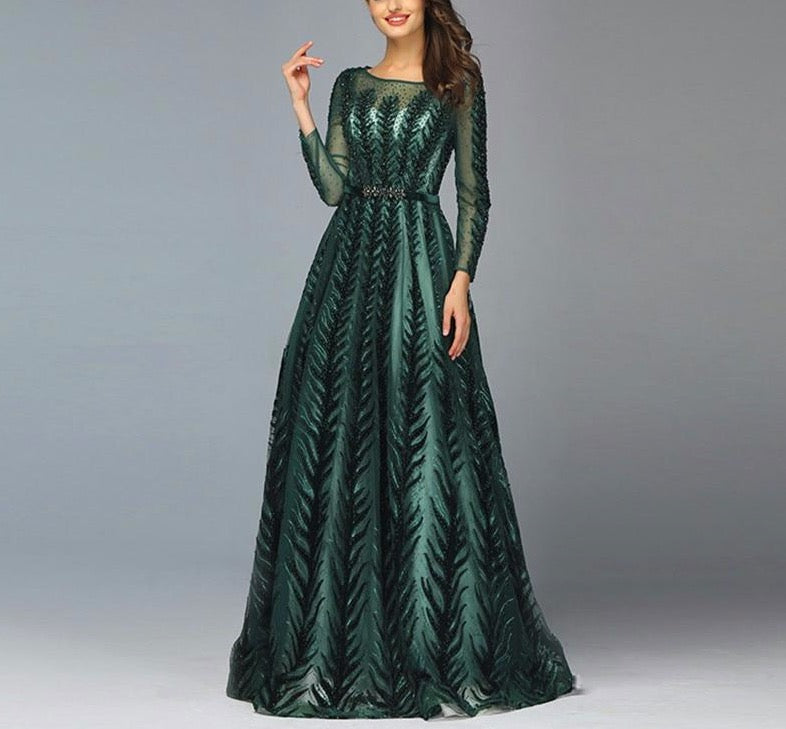 Dubai Design Green Long Sleeves Evening Dresses 2020 O-Neck Beading Sequined A-Line Formal Dress - LiveTrendsX