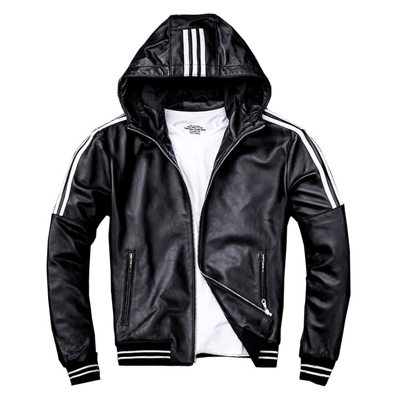 Men Leather Jacket Hood 100% Natural Sheepskin White Stripes Real Leather Jackets Boy Coat Hooded Spring Autumn - LiveTrendsX