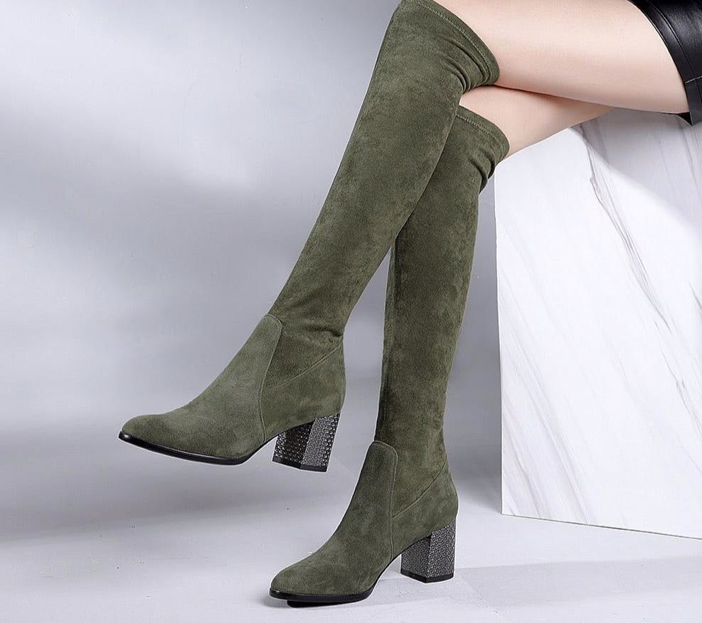 New Over The Knee Woman Boots Fashion High Quality Handmade Round Toe Square Heel Boots Solid Elegant Party Shoes - LiveTrendsX