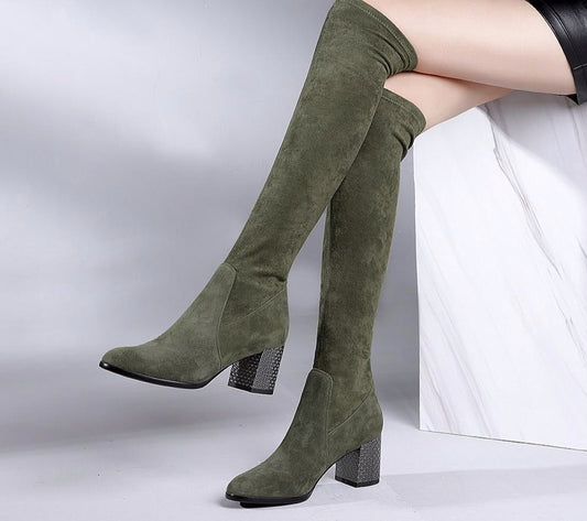 New Over The Knee Woman Boots Fashion High Quality Handmade Round Toe Square Heel Boots Solid Elegant Party Shoes - LiveTrendsX