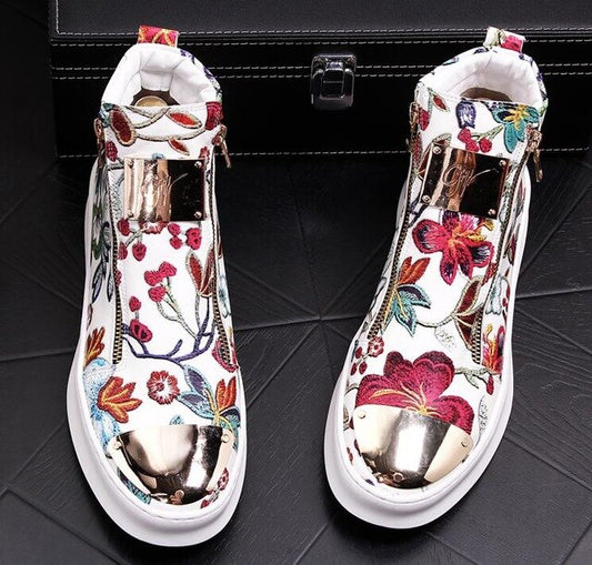 British Men Trendy flowers zipper Casual Flats high tops Shoes Male Wedding Moccasins Loafers Sapato Social Masculino - LiveTrendsX