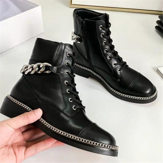 Metal Chain Ankle Boots New Black Genuine Leather Thick Heel Round Toe Zip Low Heel Cool Short Boots Winter Combat Shoes Women - LiveTrendsX