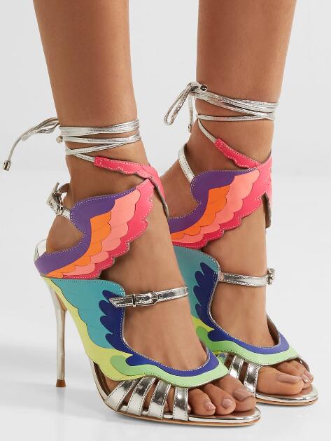 Gladiator Cut Out Mixed Colors Leather Straps Wing Sandals Ladies Lace Up High Heels Sexy Dress Stilettos Women Peep Toe Sandals - LiveTrendsX