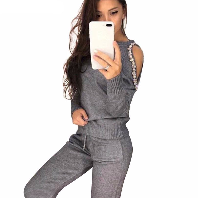 sparkle diamonds open shoulder sweater Suits Top+Knitted pants two piece set female winter Costumes track suit for women - LiveTrendsX