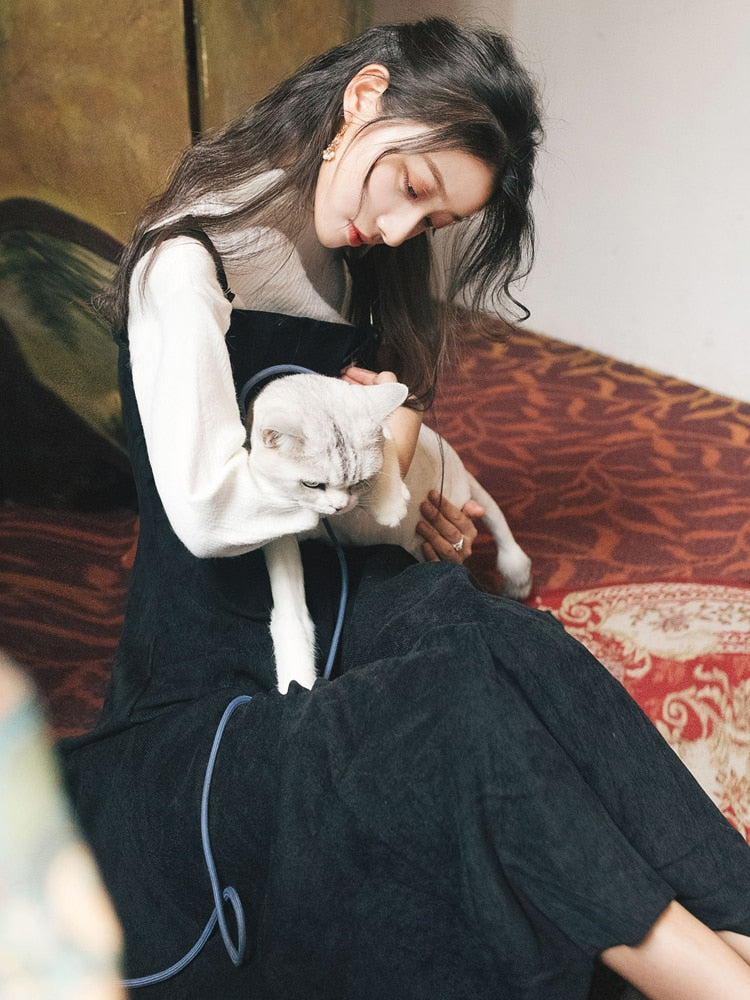 Autumn Winter White Full Sleeve Turtleneck Sweater Top and Corduroy Black Strap Dress Two-piece Outfits Mid-calf - LiveTrendsX