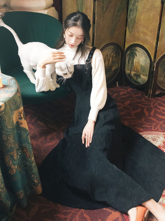 Autumn Winter White Full Sleeve Turtleneck Sweater Top and Corduroy Black Strap Dress Two-piece Outfits Mid-calf - LiveTrendsX