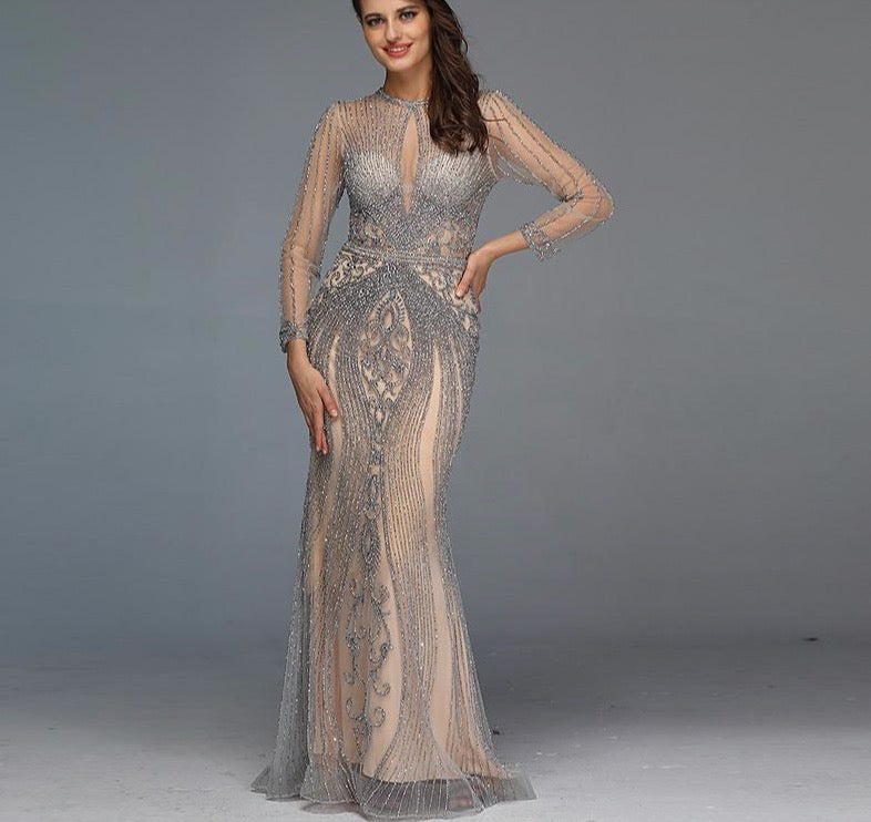 Dubai Long Sleeves Grey Luxury Evening Dresses O-Neck Full Diamond Mermaid Formal Dress 2020 - LiveTrendsX