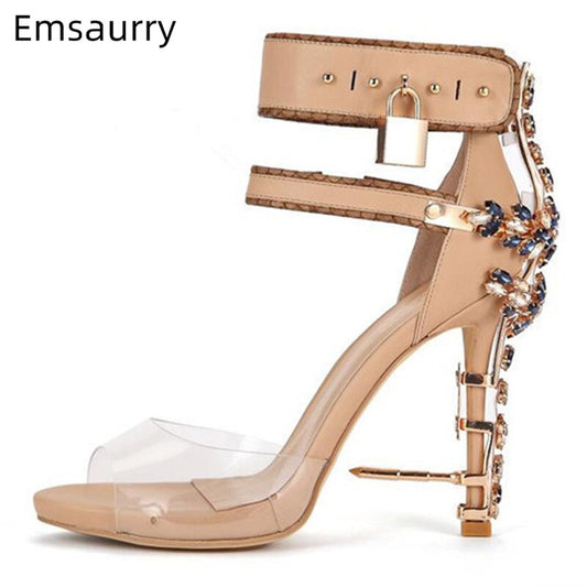 Unique PVC Transparent Colorful Crystal Summer Shoes Woman Cover Heel Ankle Strappy Locked Sandals Women - LiveTrendsX