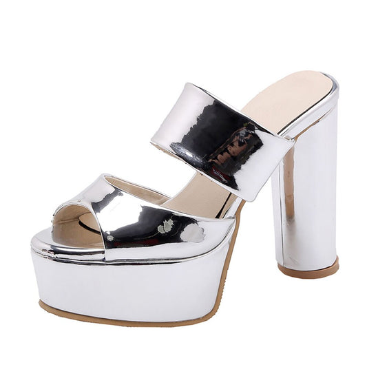 New Metalic Thick Platform Mules Women Summer High Chunky Heels Slippers Women Party Shoes Woman 32-42 - LiveTrendsX