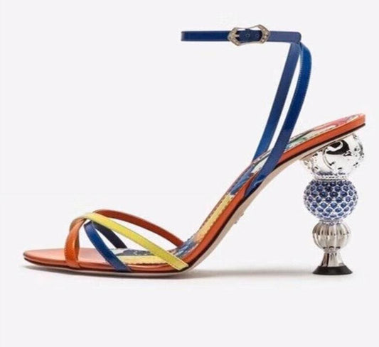 luxury mixed color sandals women cross strap genuine leather peep toe Crystal diamond spherical high heels party shoes - LiveTrendsX