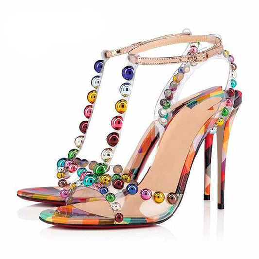 JAWAKYE Rainbow Color Studed PVC Sandals Stiletto High Heel Open Toe T-strap Party Shoes Women - LiveTrendsX