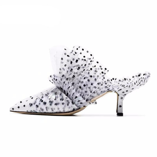 PVC Covered High Heel Dotted Mules Elegant Pointed Toe High Heel Party Shoes Women Dress Slides - LiveTrendsX