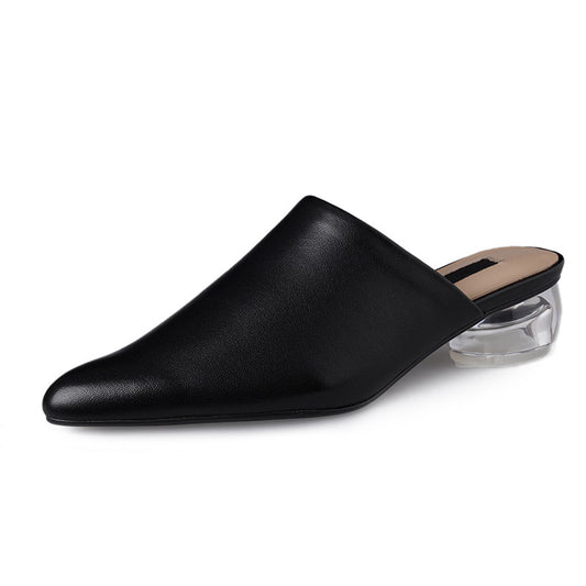 new fashion style pumps women genuine leather summer shoes comfortable crystal heel mules shoes woman black - LiveTrendsX