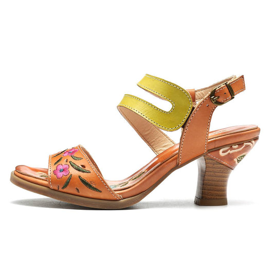 Women Bohemian Vintage Style High Heels Sandals Summer Slingback Peep Toe Sandals Shoes Woman Printed Leather Sandals New - LiveTrendsX