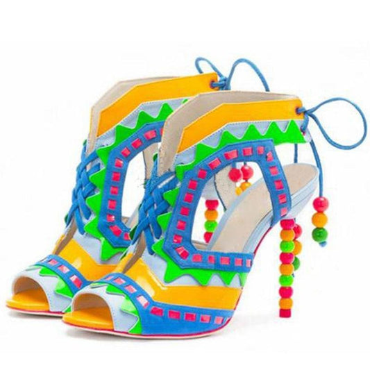 Hot Beading Spliced Heels Sandals Geometry Suede Patchwork Multi Beads Slingback Lace Up Sandals Peep Toe Stage Show Shoes - LiveTrendsX