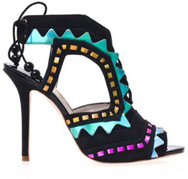 Hot Beading Spliced Heels Sandals Geometry Suede Patchwork Multi Beads Slingback Lace Up Sandals Peep Toe Stage Show Shoes - LiveTrendsX