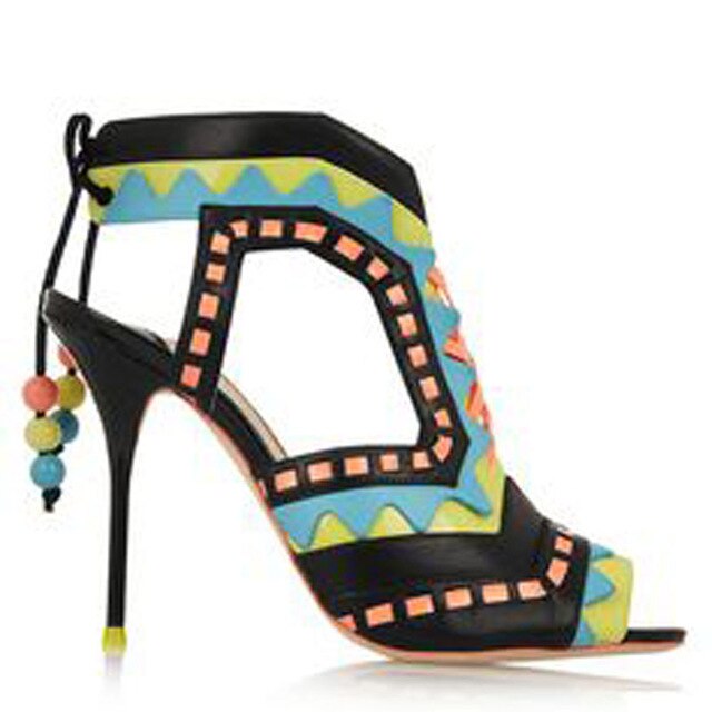 Hot Beading Spliced Heels Sandals Geometry Suede Patchwork Multi Beads Slingback Lace Up Sandals Peep Toe Stage Show Shoes - LiveTrendsX