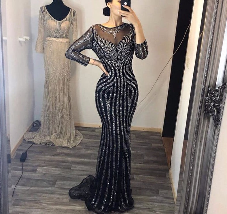Grey Luxury Long Sleeves Sparkly Evening Dresses Mermaid Sexy Diamond Beading Formal Dress 2020 - LiveTrendsX