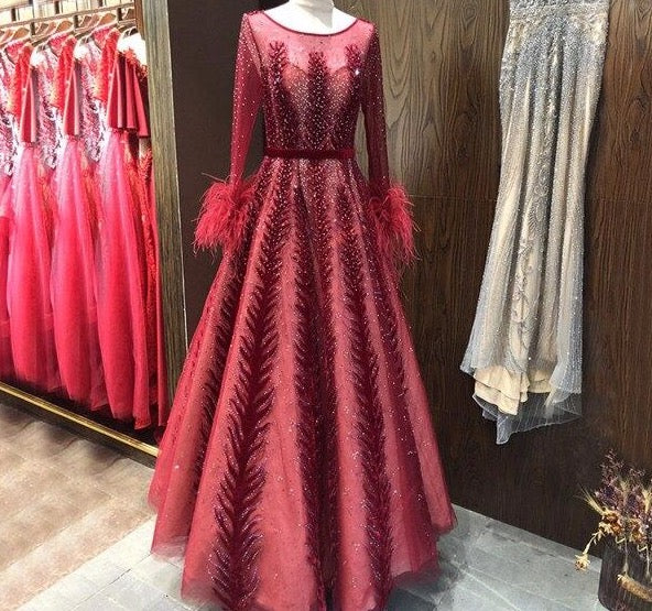 Luxury Wine Red  Dubai Design Evening Dresses Long Sleeves Feathers Crystal Formal Dress 2020 - LiveTrendsX