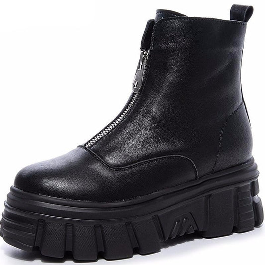 Genuine Leather Front Zipper Women' Ankle Boots 2019 Fashion Style Women Winter Warm Platform Boots Ladies Chunky Shoes - LiveTrendsX