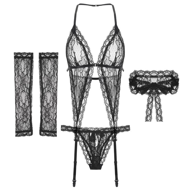 Sexy Lingerie Hollow Lace Perspective Bra Sling Tops and Shorts Underwear Set Womens Pajamas Sleepwear with Mask Gloves - LiveTrendsX
