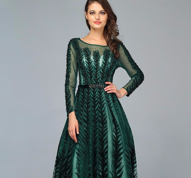 Dubai Design Green Long Sleeves Evening Dresses 2020 O-Neck Beading Sequined A-Line Formal Dress - LiveTrendsX