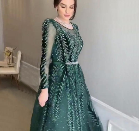 Dubai Design Green Long Sleeves Evening Dresses 2020 O-Neck Beading Sequined A-Line Formal Dress - LiveTrendsX