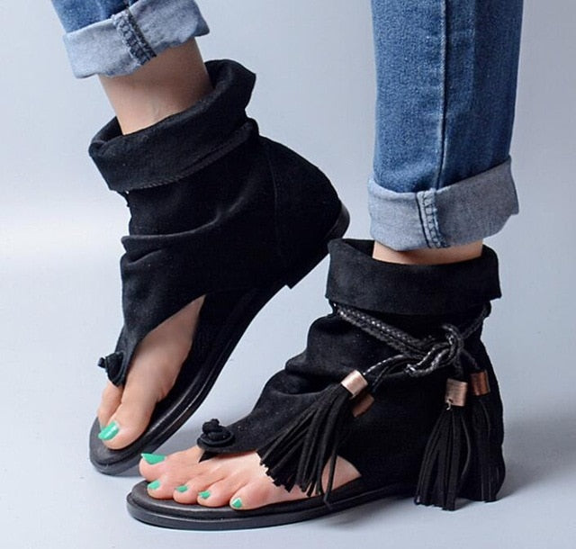 Bohemia Lady Summer Sandalias Thong Slip On Tassel Fringe High Quality Suede Leather Boots Sandal Femme Shoe - LiveTrendsX