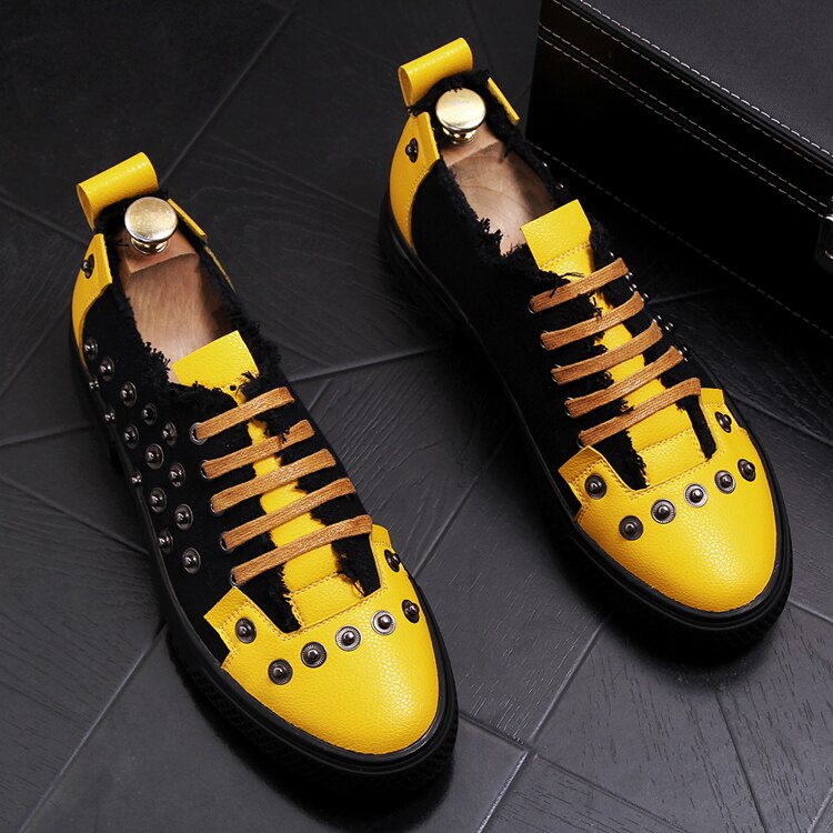 Men Fashion Causal Rivets Shoes Male Street Trend Retro Yellow Black Punk Style Loafers Men Luxury Brand Shoes - LiveTrendsX