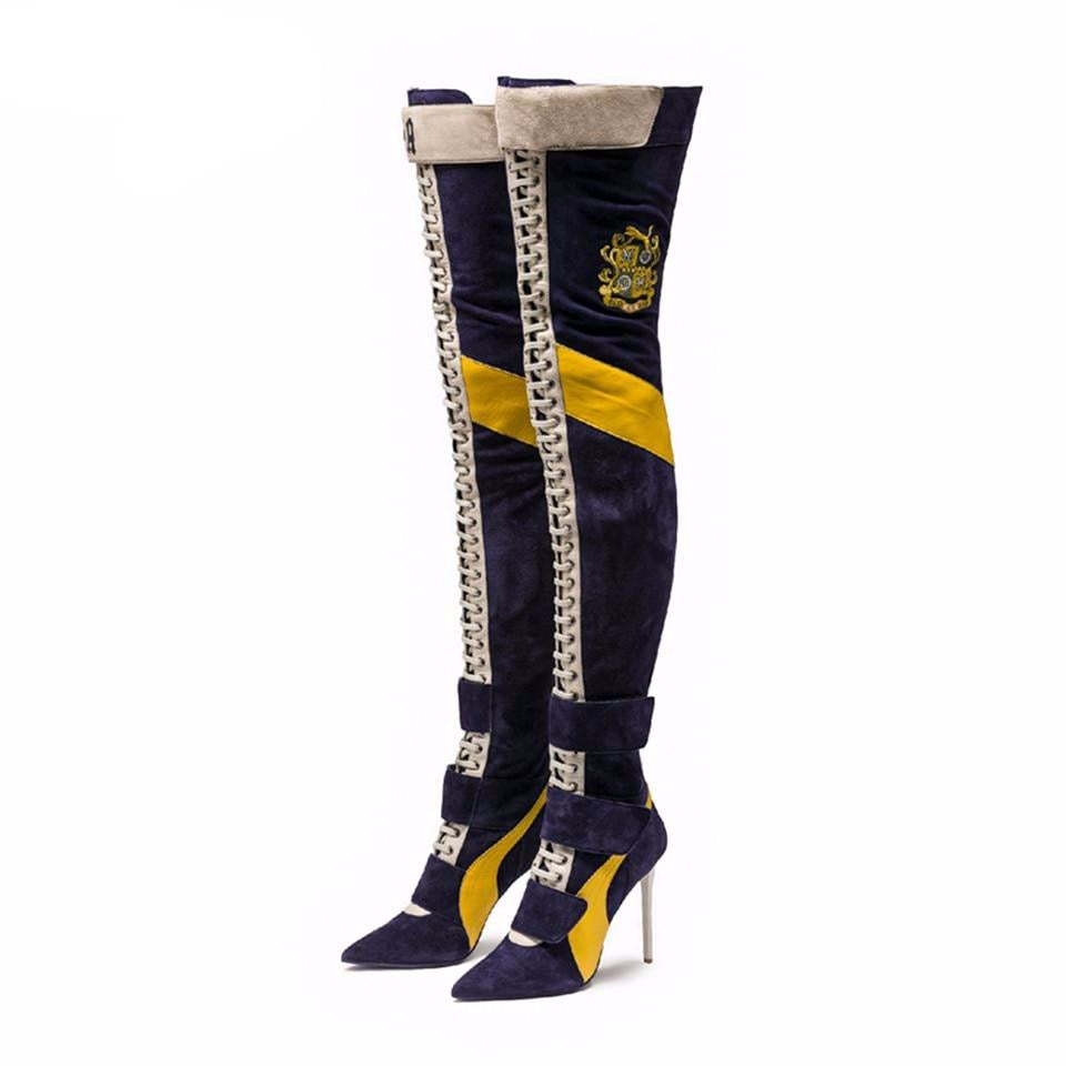 New Arrival Blue Patchwork Thigh high boots Women pointy toe High heels Lace up botas largas Sexy Over the knee knight boots - LiveTrendsX