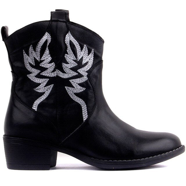 Genuine Leather Embroidered Women Boots Ankle Boots Motorcycle Boots Female Autumn Winter Shoes Woman Punk Motorcycle Boots - LiveTrendsX