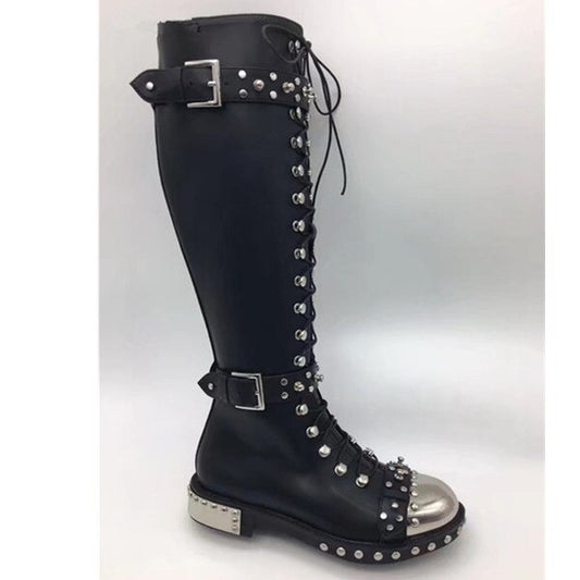 Rivets Studded Buckle Knee High Boots Women Embroidered Leather Print Flower Flat Motorcycle Boots Winter Shoes Woman - LiveTrendsX