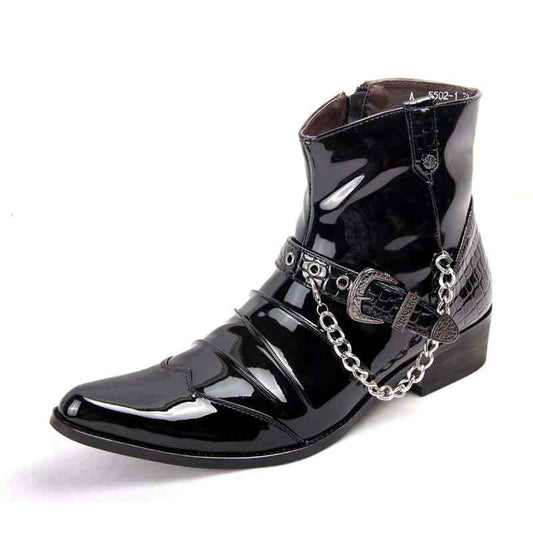 Black Patent PU Leather Chain Men Boots Mens Glossy Shoes Male Casual Buckle Ankle Motorcycle Boot Bota Masculina Pointed - LiveTrendsX