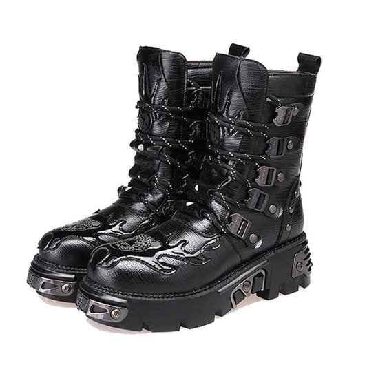 Gothic Men's Black Genuine leather Martin Boots Round Toe Punk Rock Motorcycle Army Military handsome Combat Boots Goth Shoes - LiveTrendsX