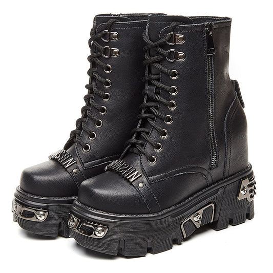 Gothic Women's  Height Increases Cowhide Genuine Short Boots Handsome Punk Fashion Shoes Spring Fall Womens Boots Ankle - LiveTrendsX