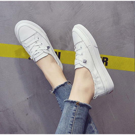 Women White Flats Pu Soft Leather Sneakers Canvas Loafers Comfort Lace Up Casual Spring Woman Vulcanized Shoes Summer Mocassins - LiveTrendsX