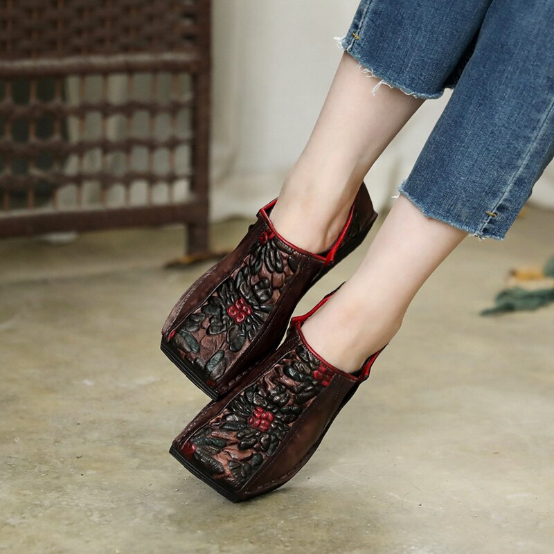 Women Leather Pumps Retro Wedge Heels High Women Shoes Autumn Slip On Handmade Genuine Leather Embroidery Pumps Women Casual - LiveTrendsX
