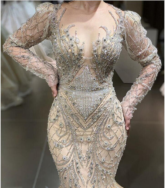 Royal Beaded Crystal Mermaid Prom Dresses See Thru Full Sleeves Feather Sexy Long Prom Gowns Elegant Formal Dresses - LiveTrendsX