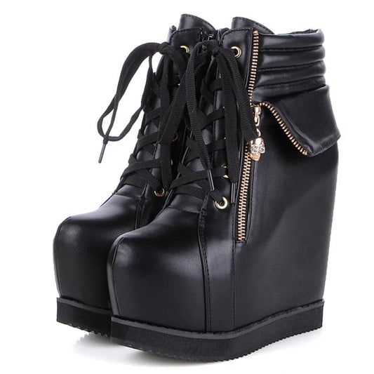 Spring Autumn Women Shoes Round Toe Wedges High Heels Ankle Boots Thick Platform Metal Skull Fashion Ladies Short Boots - LiveTrendsX