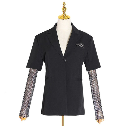 Summer Solid Blazer For Women Long Sleeve Diamond Patchwork Long Elegant Coat Female Fashion Clothing - LiveTrendsX