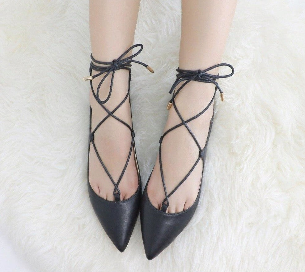 Fashion Lady Lace Up Pointes Shoes Women Handmade Leather Casual Soft Flats Woman Ballet Flat Shoe - LiveTrendsX
