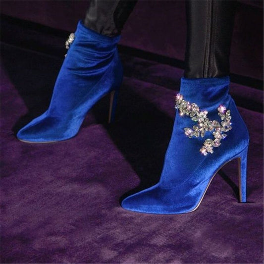 Fall Trending Blue Velvet Crystal Etched Leaves Booties Women Stretch Fabric Stiletto Ankle Boots Women Super High Heels - LiveTrendsX