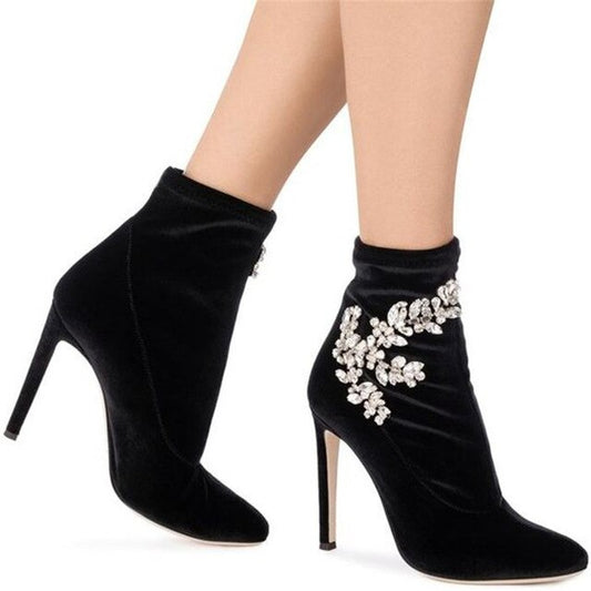 Fall Trending Blue Velvet Crystal Etched Leaves Booties Women Stretch Fabric Stiletto Ankle Boots Women Super High Heels - LiveTrendsX