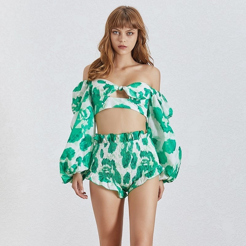 Sexy Print Beach Women Suit Square Neck Lantern Sleeve Hollow Out Crop Tops High Waist Shorts Two Piece Set Female - LiveTrendsX