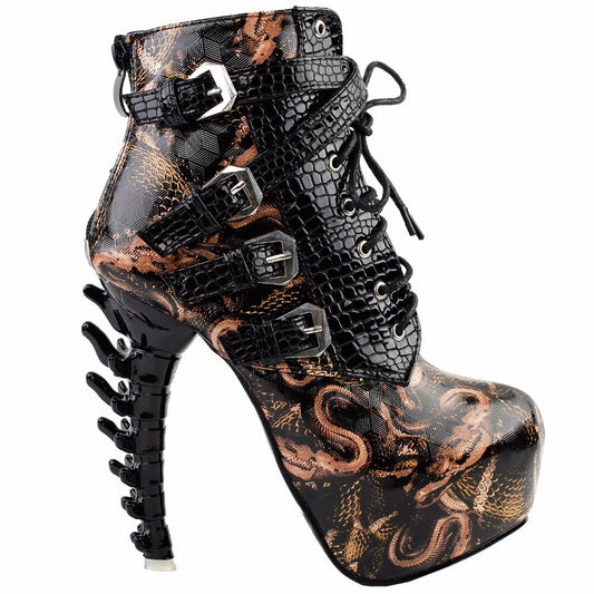 Sexy Punk Design Brown Snake Pattern Bone High Heel Platform Ankle Boots Black - LiveTrendsX