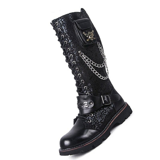 Skull Rock Winter Shoes Suede Embellished Faux Fur Punk Motorcycle Mid Calf Metalic Black High Quality Mens Leather Tall Boots - LiveTrendsX
