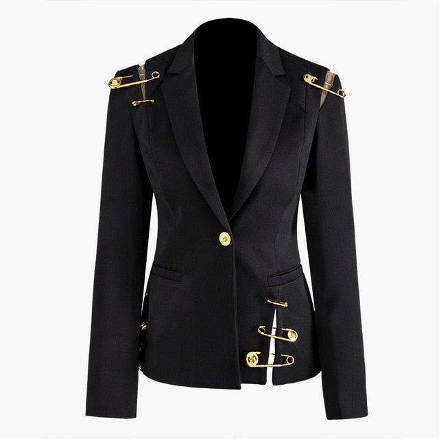 Loose Fit Black Hollow Out Pin Spliced Jacket New Lapel Long Sleeve Women Coat Fashion Tide Spring Autumn 2020 - LiveTrendsX