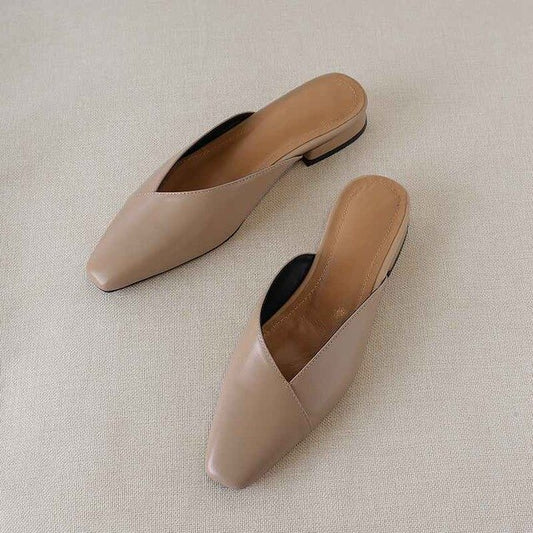 vintage genuine leather mules women low heels Korean sweety square toe simple lazy style summer holiday pumps - LiveTrendsX