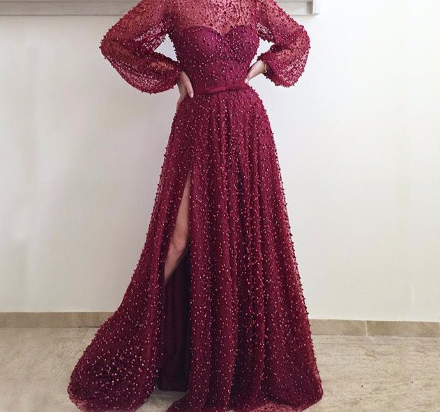 Lantern sleeve High Split  Wine Red  pearls Lace   Long Sleeve Evening Dresses 2020  Luxury Evening Gown Real Photo Dubai - LiveTrendsX
